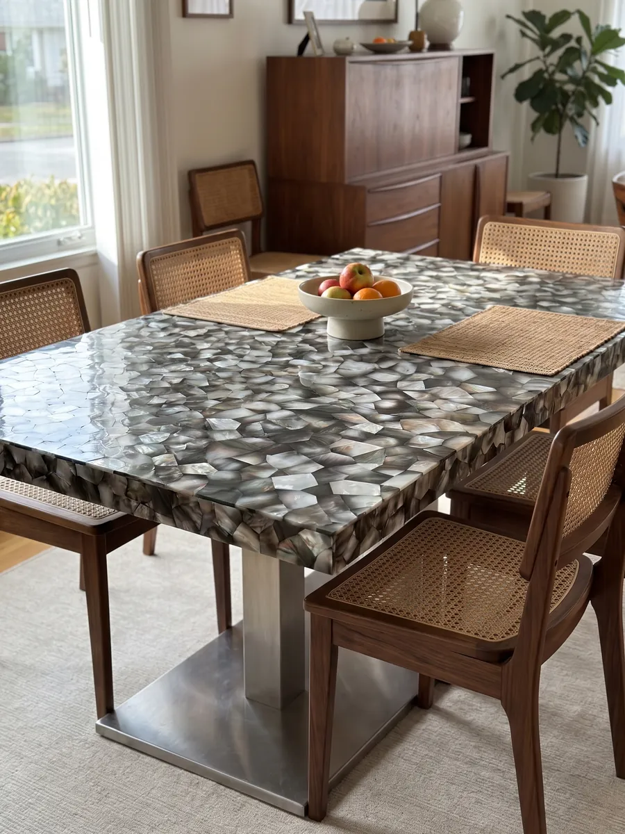 Dining table with a Gray Shell Mother of Pearl top on a steel base: polygons of dark gray and silver mother of pearl with iridescent highlights