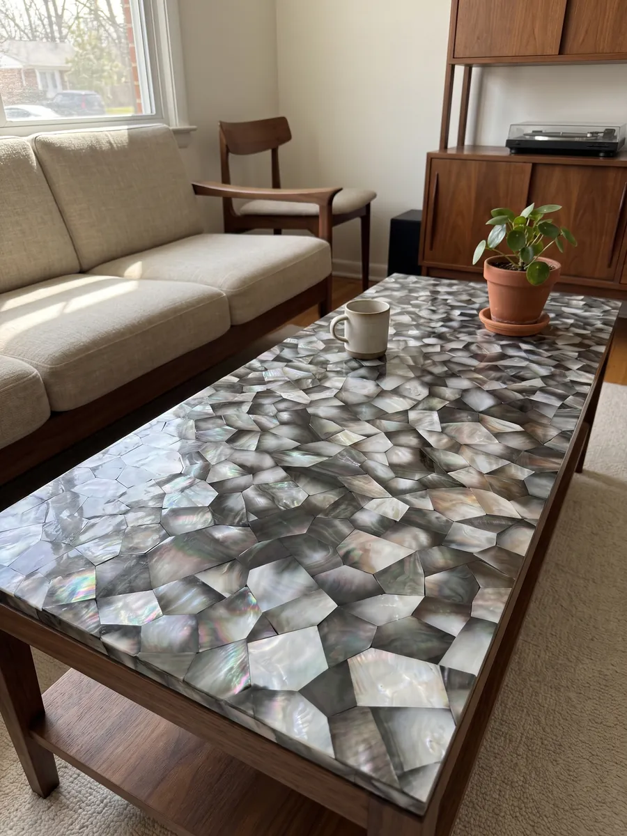 Coffee table with a Gray Shell Mother of Pearl top in a living room: polygons of dark gray and silver mother of pearl with iridescent highlights