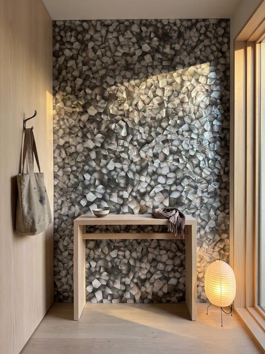 Entryway wall clad in Gray Shell Mother of Pearl with a narrow console: polygons of dark gray and silver mother of pearl with iridescent highlights