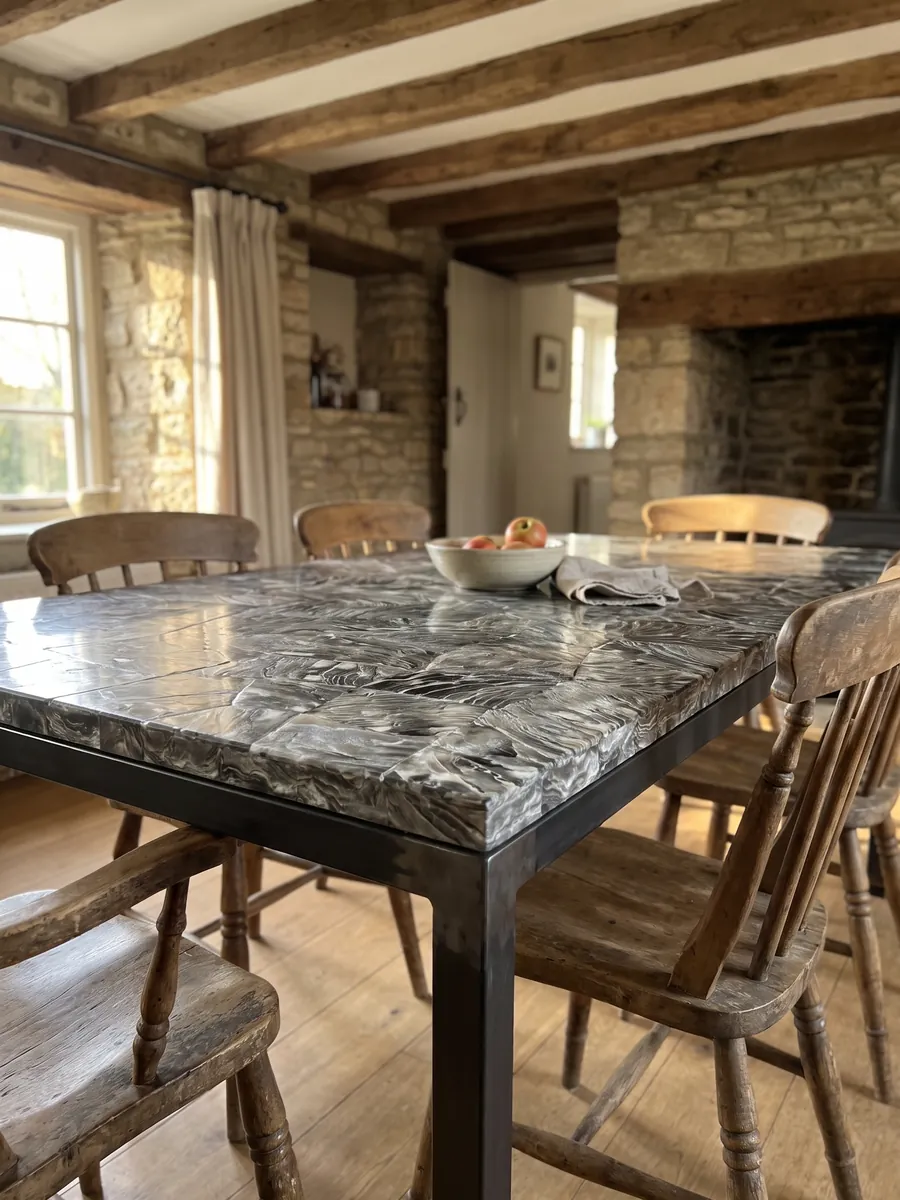 Dining table with a Galushell Gray Mother of Pearl top on a steel base: gray-silver shell pieces with wavy, metallic-looking striations