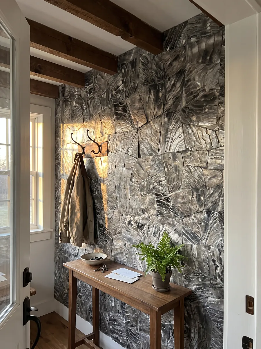 Entryway wall clad in Galushell Gray Mother of Pearl with a narrow console: gray-silver shell pieces with wavy, metallic-looking striations