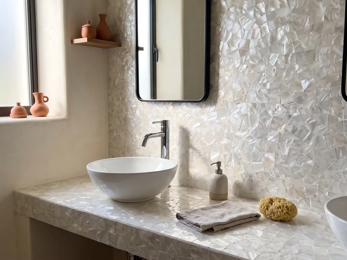 Vanity top and bathroom wall in Pinctada Maxima mother of pearl with a white sink and chrome faucets: luminous white nacre mosaic with a subtle iridescence