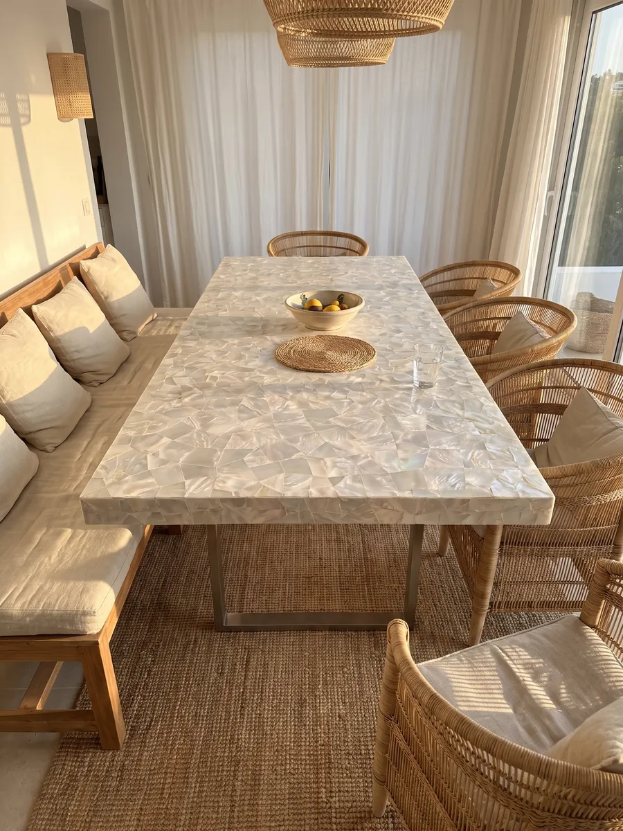Dining table with a Pinctada Maxima mother of pearl top on a steel base: luminous white nacre mosaic with a subtle iridescence