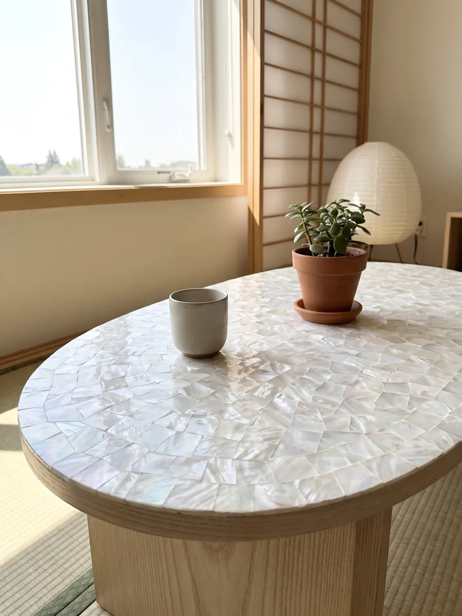 Coffee table with a Pinctada Maxima mother of pearl top in a living room: luminous white nacre mosaic with a subtle iridescence