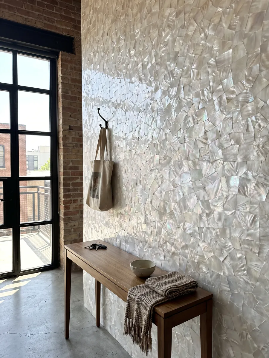 Entryway wall clad in Pinctada Maxima mother of pearl with a narrow console: luminous white nacre mosaic with a subtle iridescence