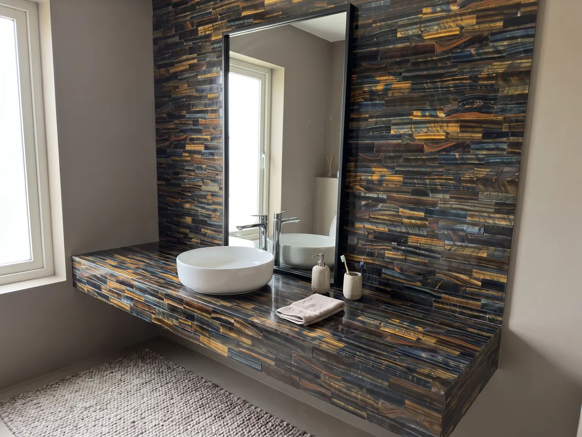 Vanity top and bathroom wall in blue and gold tiger's eye with a white sink and chrome faucets: horizontal bands mixing dark blue with golden and orange stripes