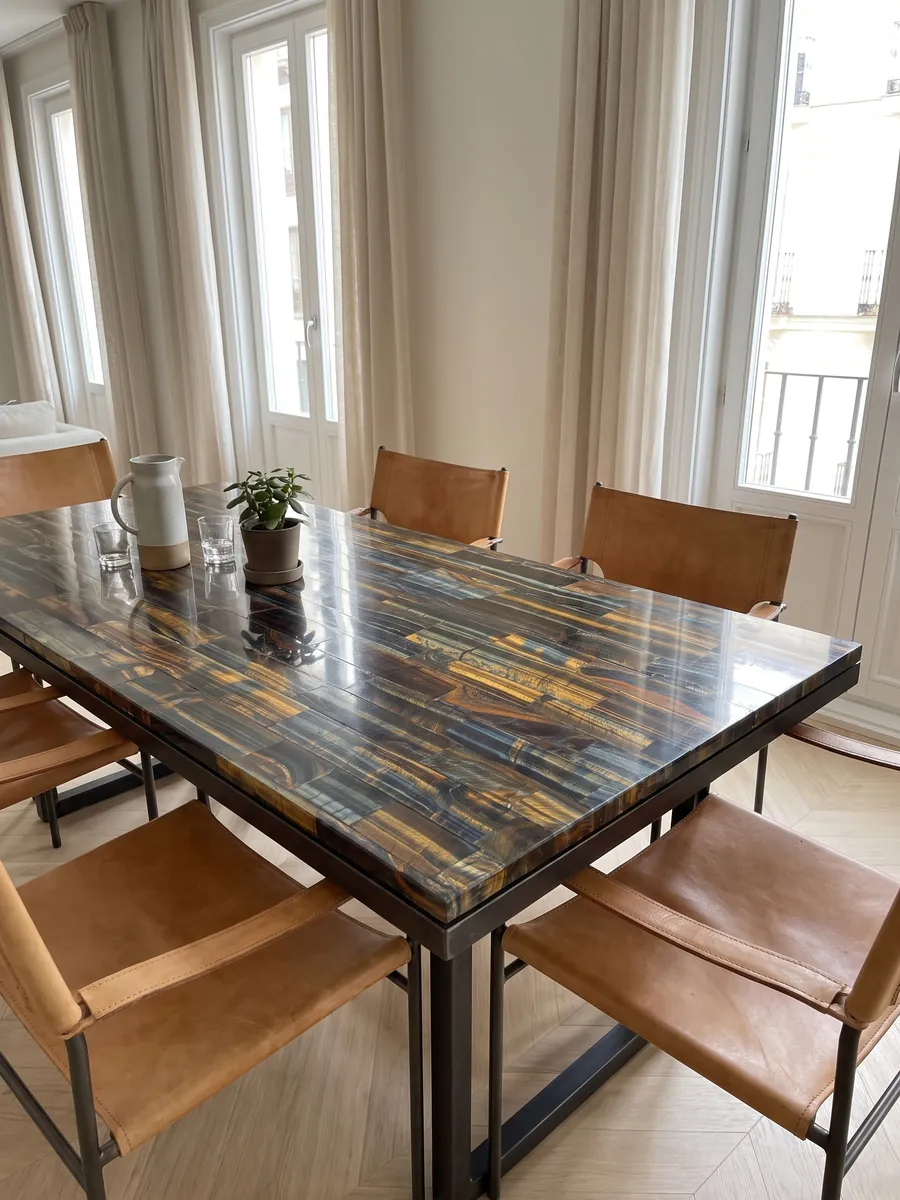 Dining table with a blue and gold tiger's eye top on a steel base: horizontal bands mixing dark blue with golden and orange stripes