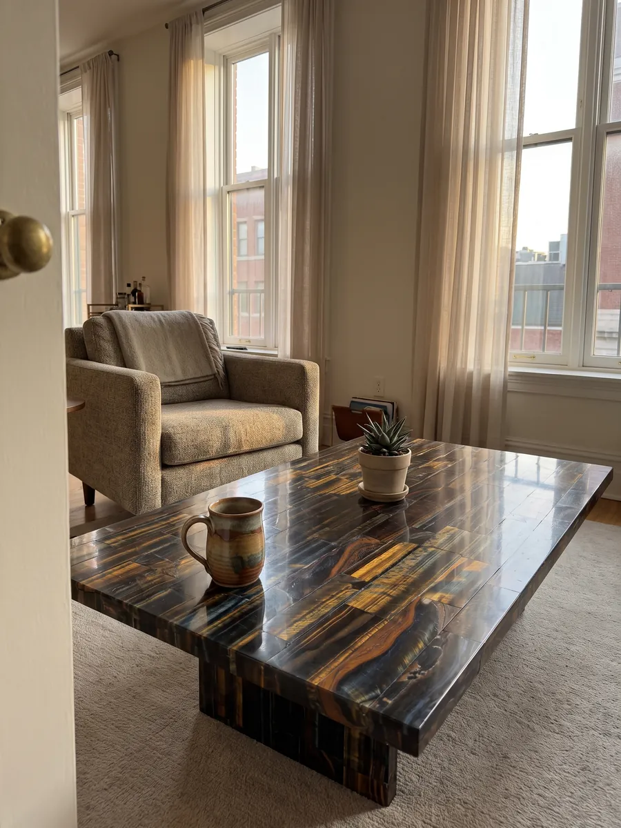 Coffee table with a blue and gold tiger's eye top in a living room: horizontal bands mixing dark blue with golden and orange stripes