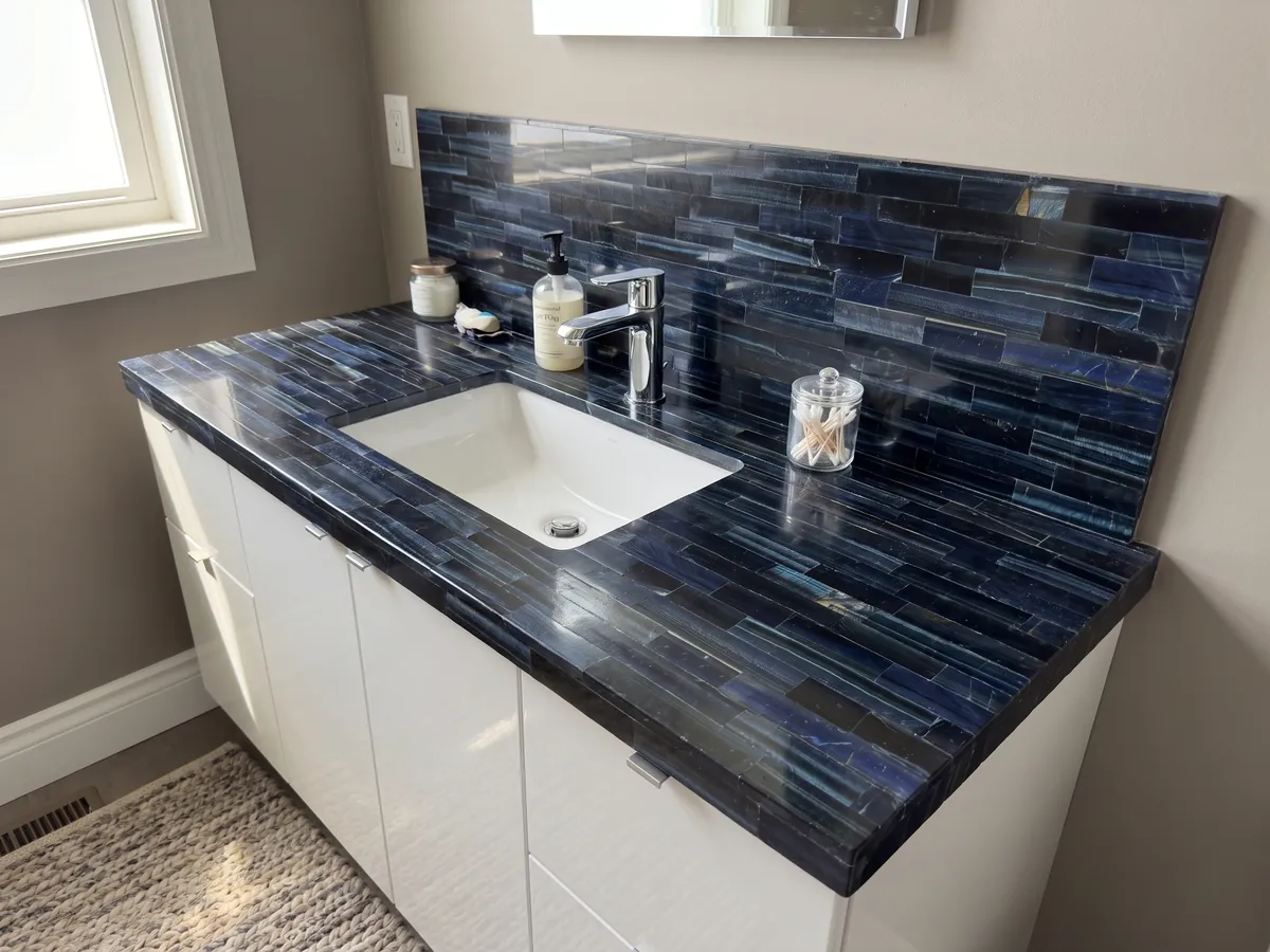Vanity top and bathroom wall in blue tiger's eye with a white sink and chrome faucets: horizontal bands of almost black navy with blue flashes