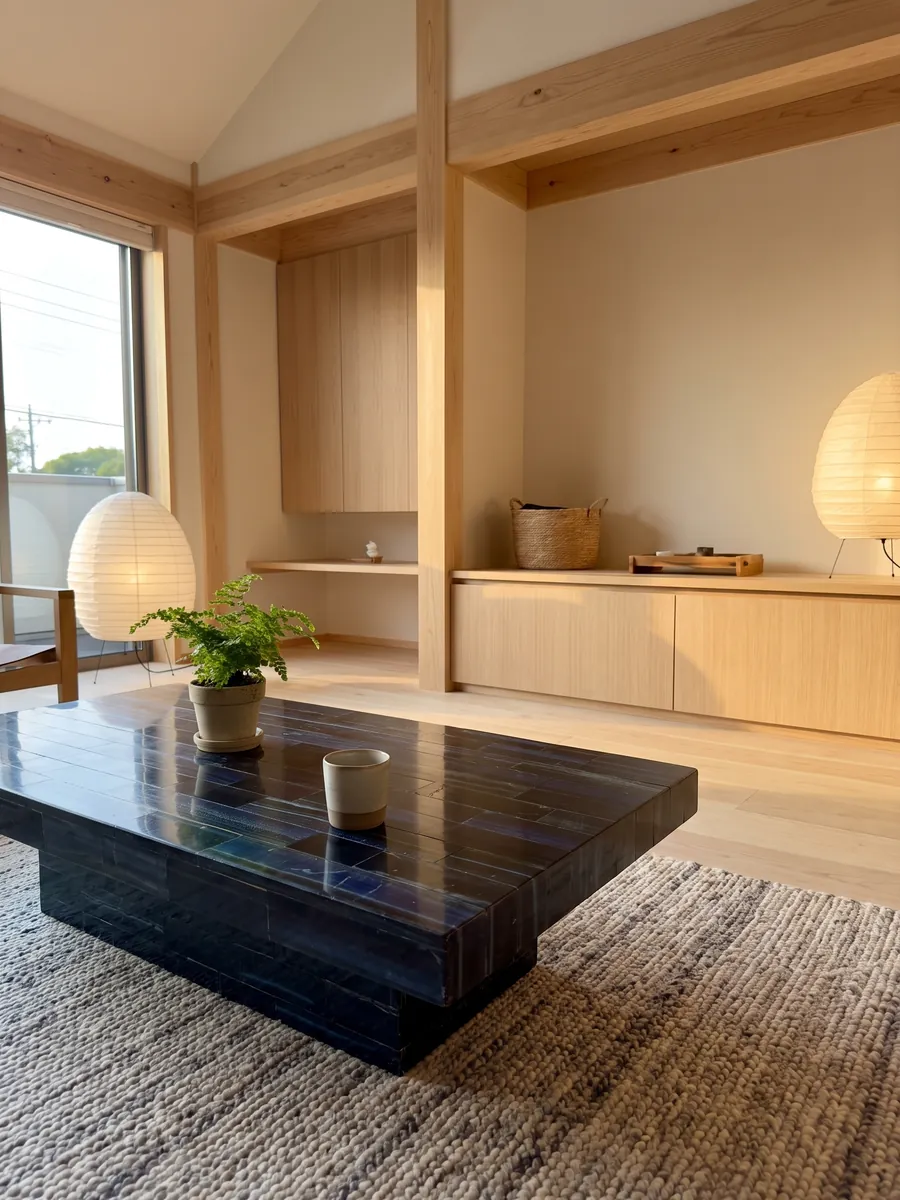 Coffee table with a blue tiger's eye top in a living room: horizontal bands of almost black navy with blue flashes