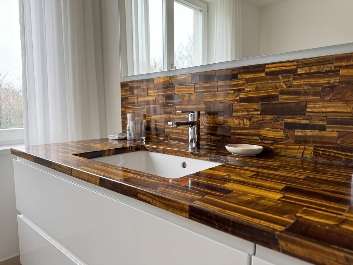 Bathroom vanity top and wall in golden tiger's eye with a white sink and chrome fixtures: horizontal gold and brown strips with a shifting sheen