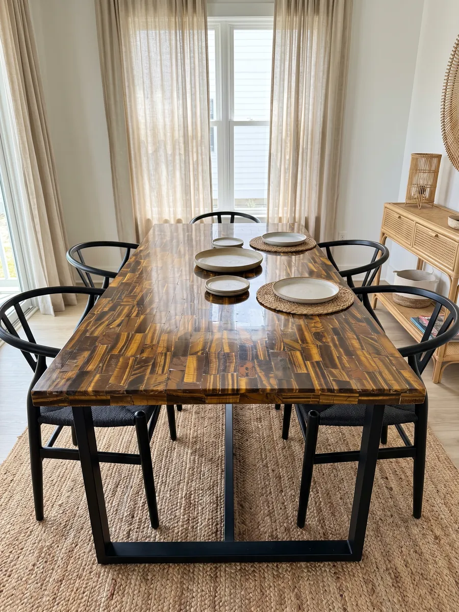 Dining table with a golden tiger's eye top on a steel base: horizontal gold and brown strips with a shifting sheen