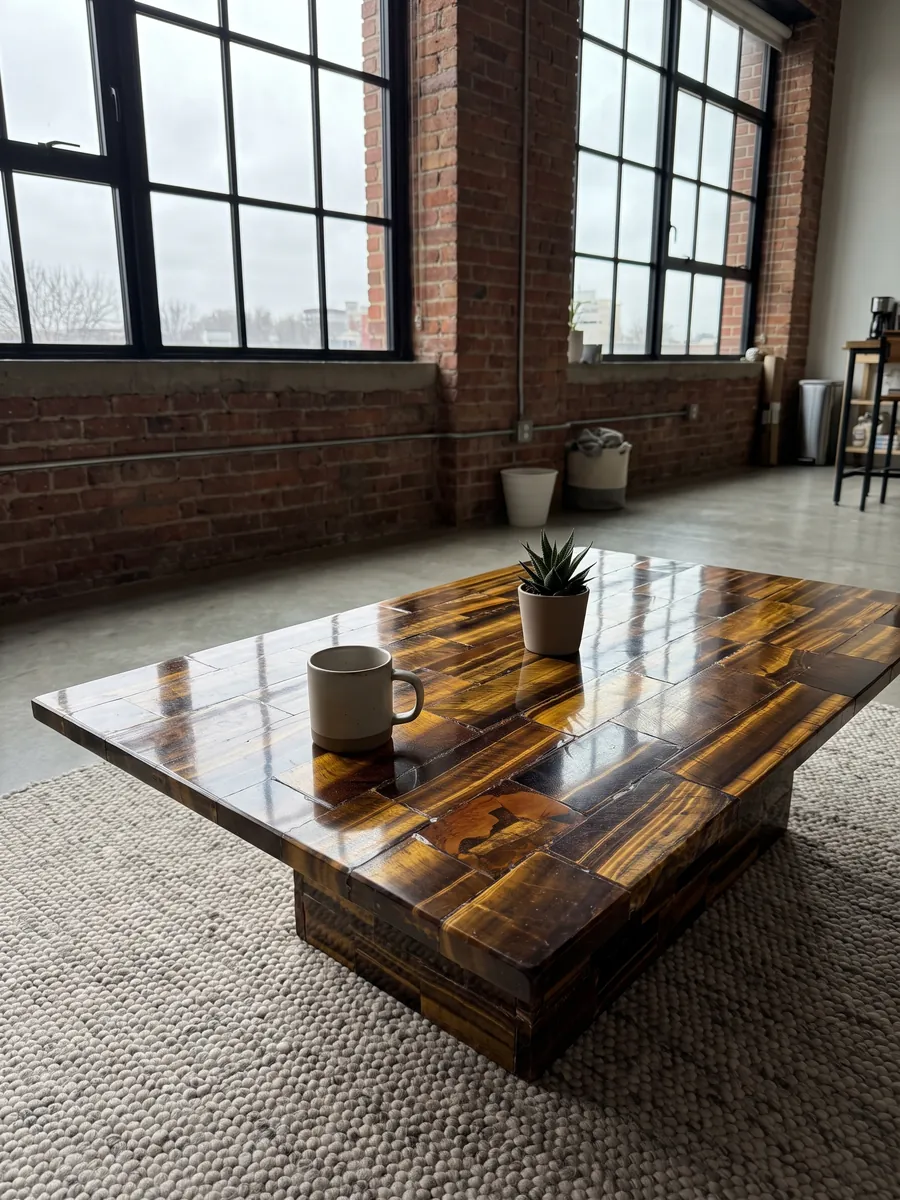 Coffee table with a golden tiger's eye top in a living room: horizontal gold and brown strips with a shifting sheen