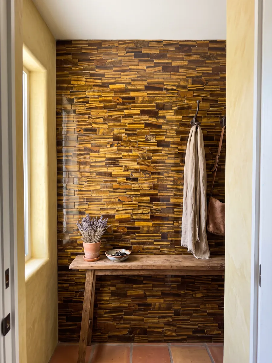 Entryway wall clad in golden tiger's eye with a narrow console: horizontal gold and brown strips with a shifting sheen