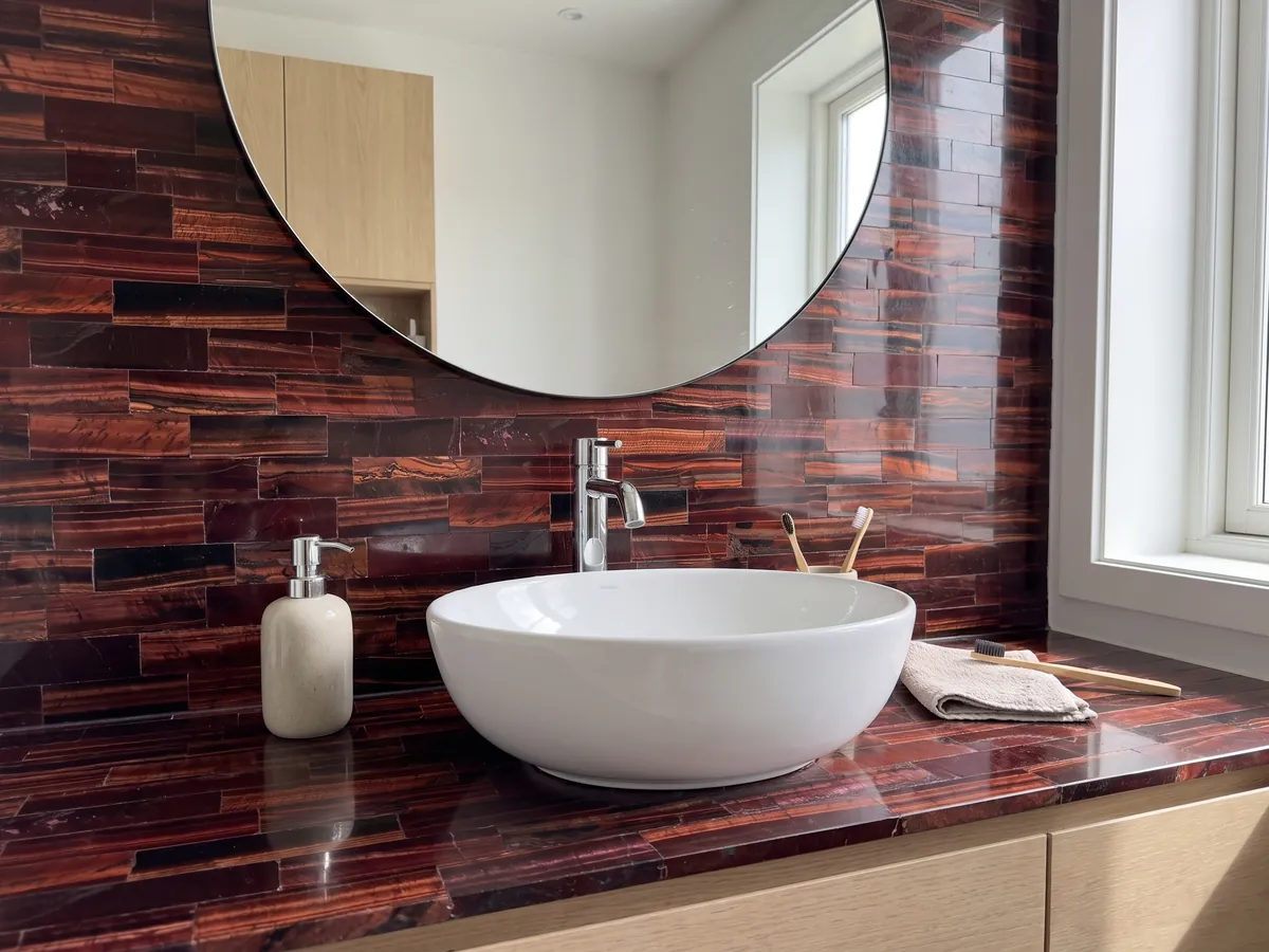 Bathroom vanity top and wall in red tiger's eye with a white sink and chrome fixtures: horizontal burgundy and copper strips with a shifting sheen