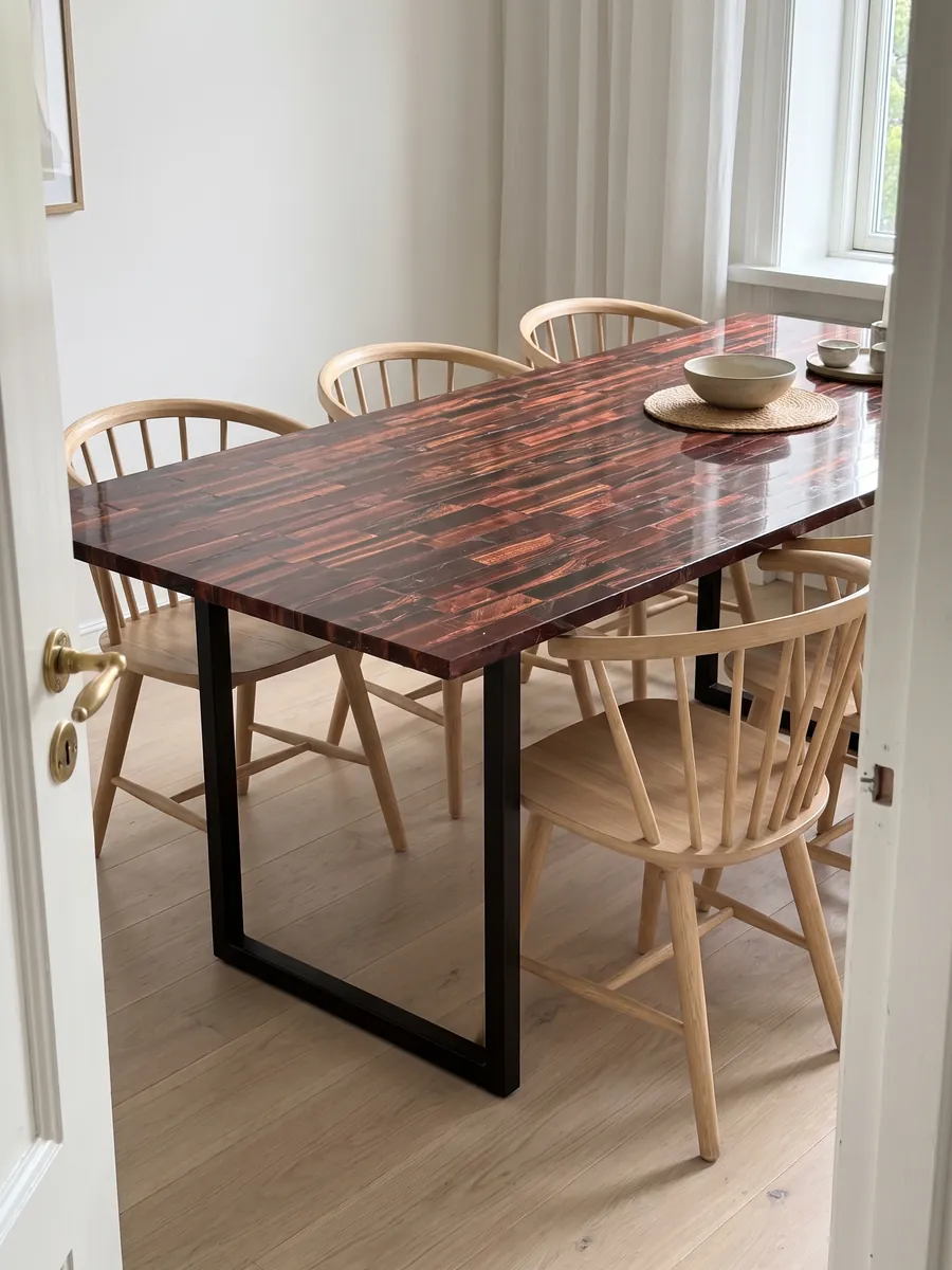 Dining table with a red tiger's eye top on a steel base: horizontal burgundy and copper strips with a shifting sheen