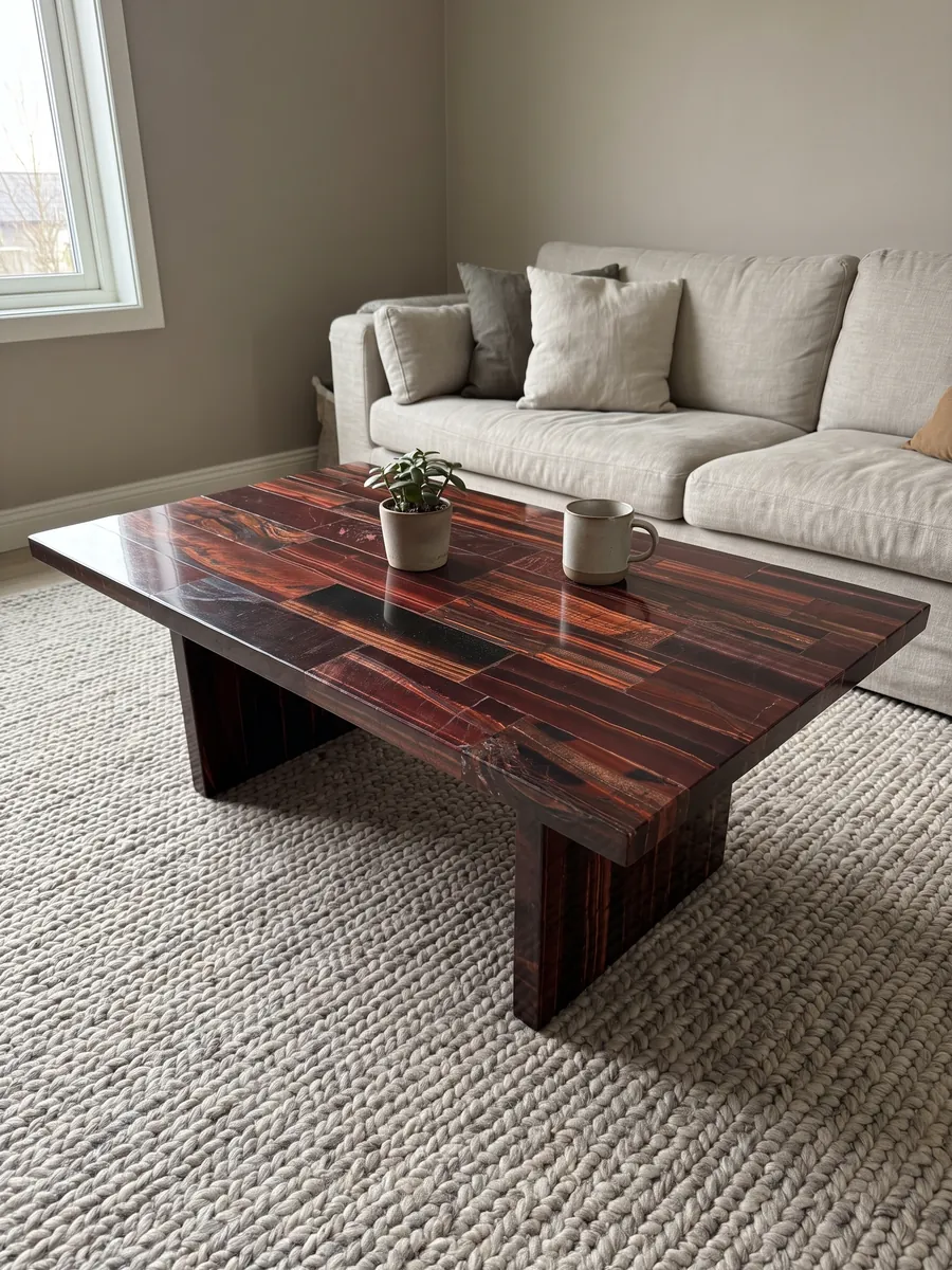 Coffee table with a red tiger's eye top in a living room: horizontal burgundy and copper strips with a shifting sheen
