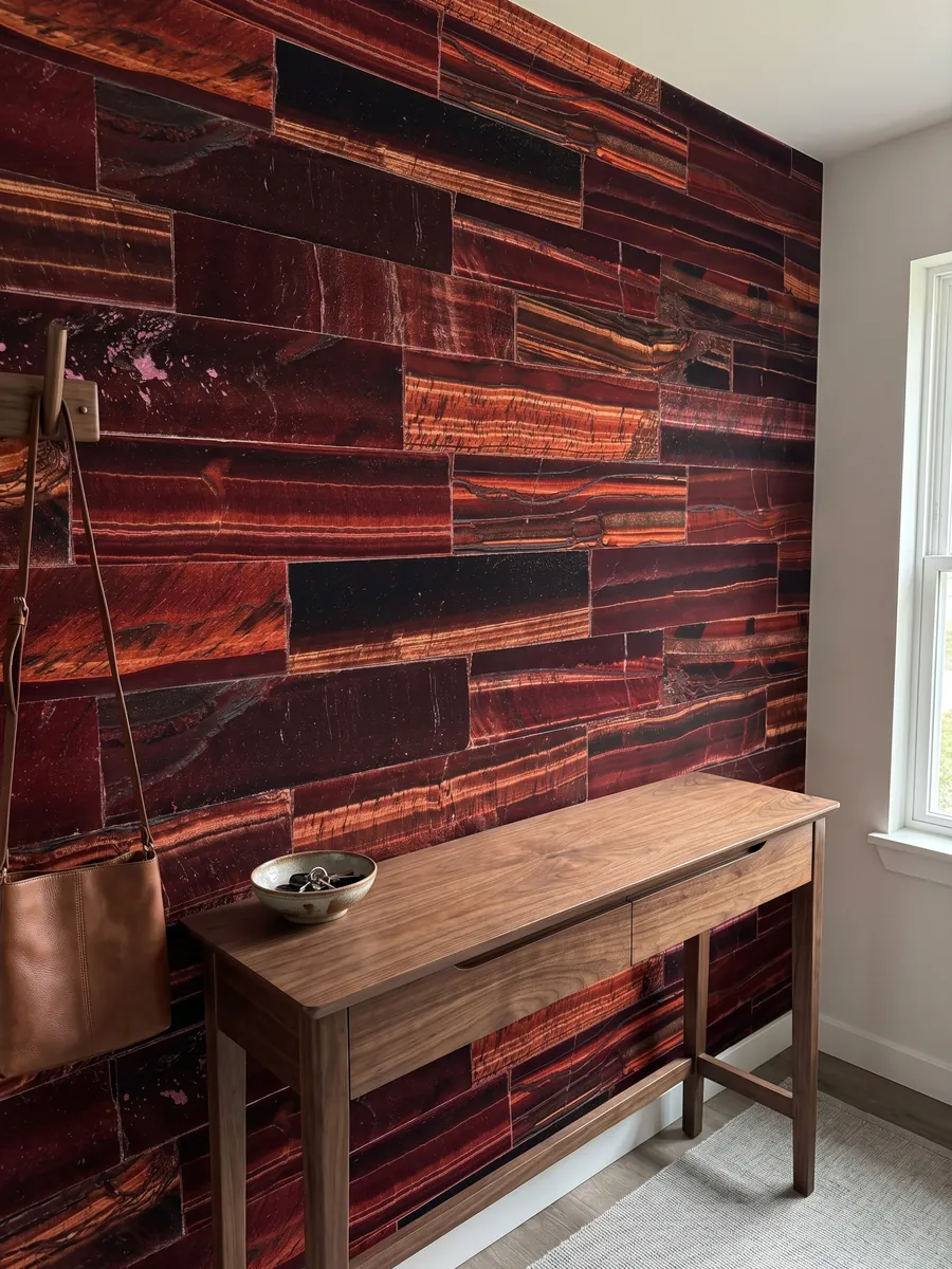 Entryway wall clad in red tiger's eye with a narrow console: horizontal burgundy and copper strips with a shifting sheen