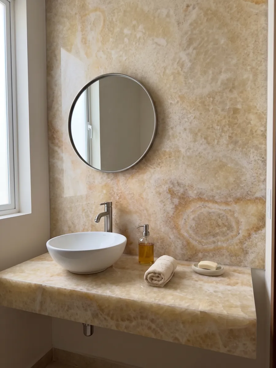 Powder room with a yellow onyx wall and floating vanity under a round mirror: honey and cream with a clearly visible concentric oval ring