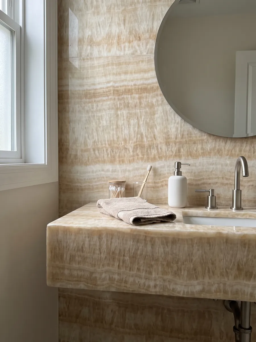 Guest bathroom with a honey onyx wall and floating vanity top with a round mirror: cream and light honey in soft bands with a vertical fibrous texture