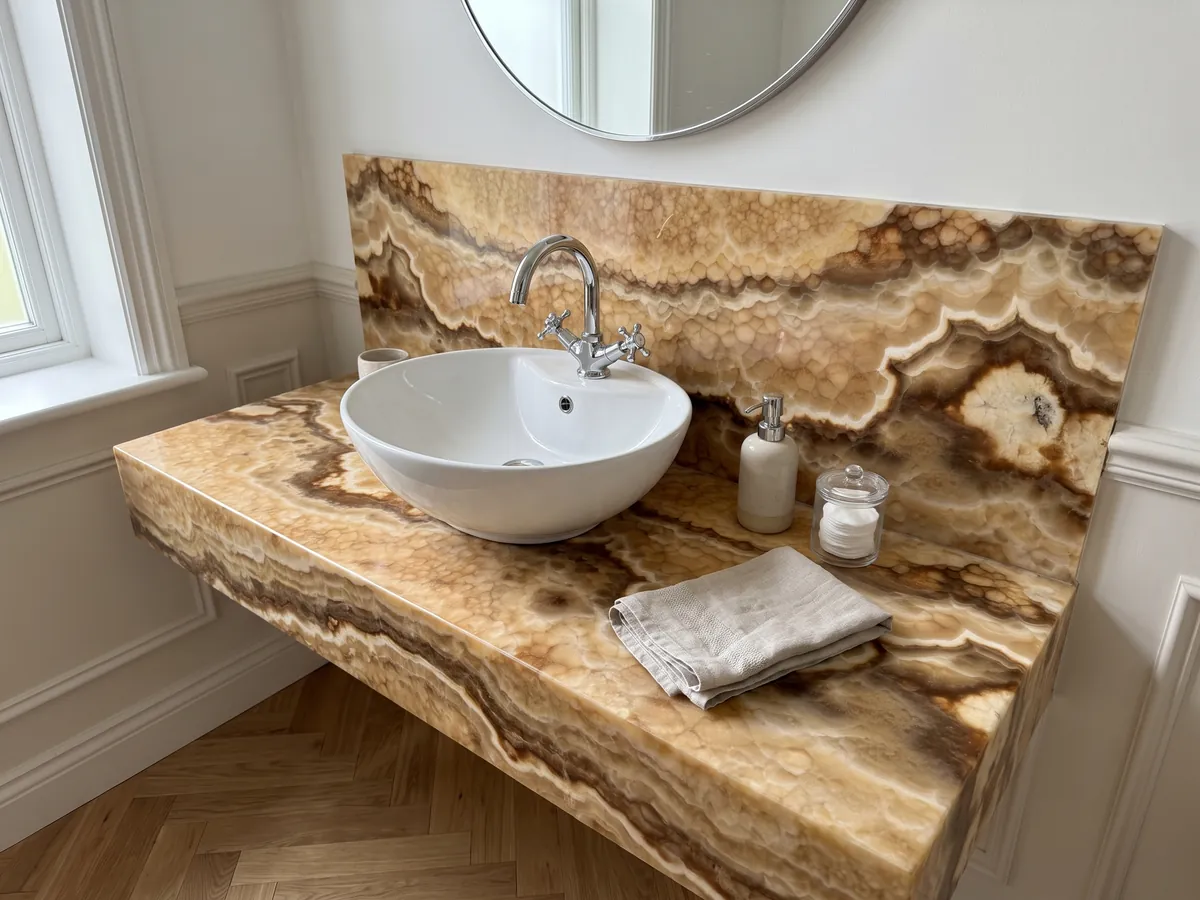 Vanity top and bathroom wall in dark honey onyx with a white sink and chrome faucet: amber with a rounded-cell texture and wavy dark brown bands