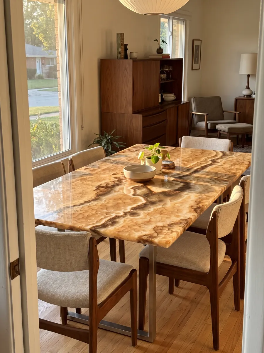 Dining table with a dark honey onyx top on a steel base: amber with a rounded-cell texture and wavy dark brown bands