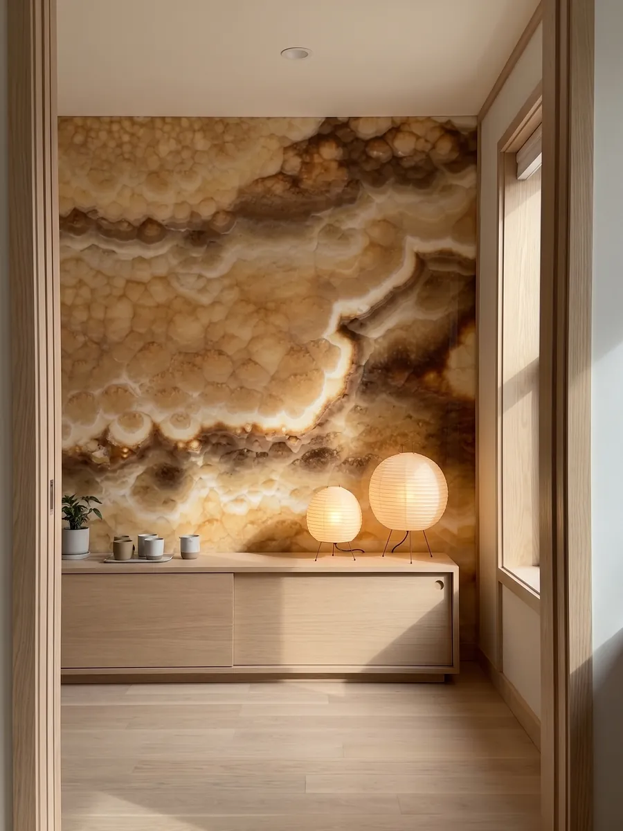 Accent wall clad in dark honey onyx above a low wooden cabinet: amber with a rounded-cell texture and wavy dark brown bands