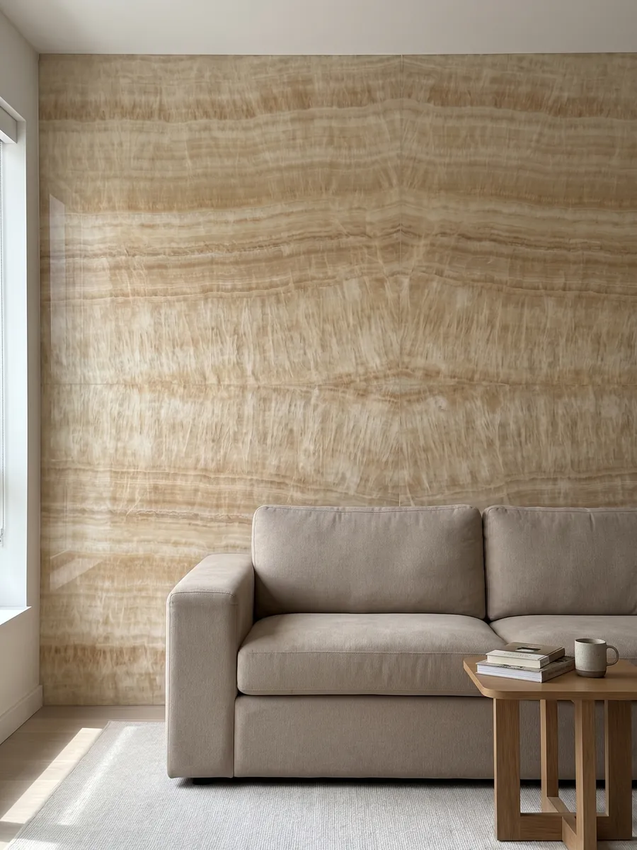 Living room wall clad in bookmatched honey onyx slabs behind a sofa: cream and light honey in soft bands with a vertical fibrous texture