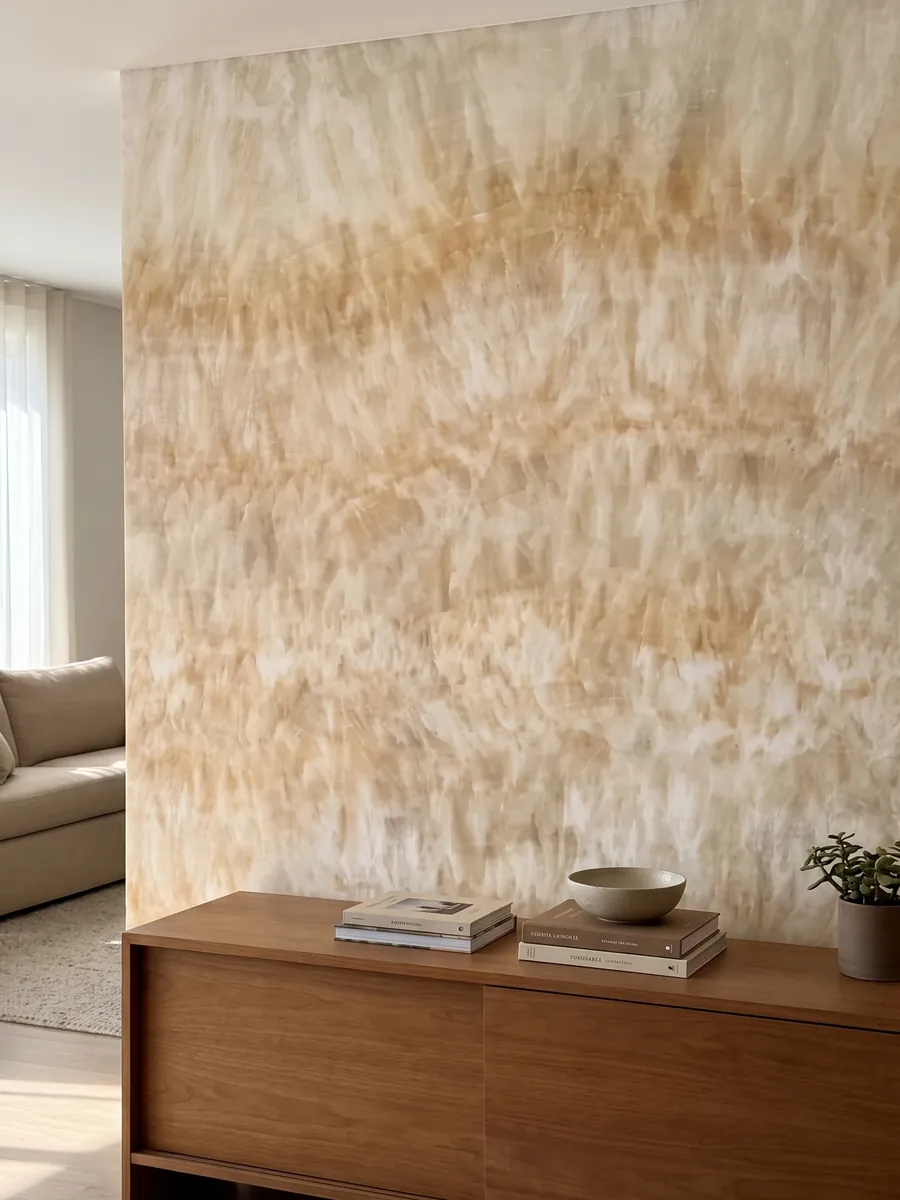 Accent wall clad in honey onyx above a low wooden cabinet: cream and light honey in soft bands with a vertical fibrous texture