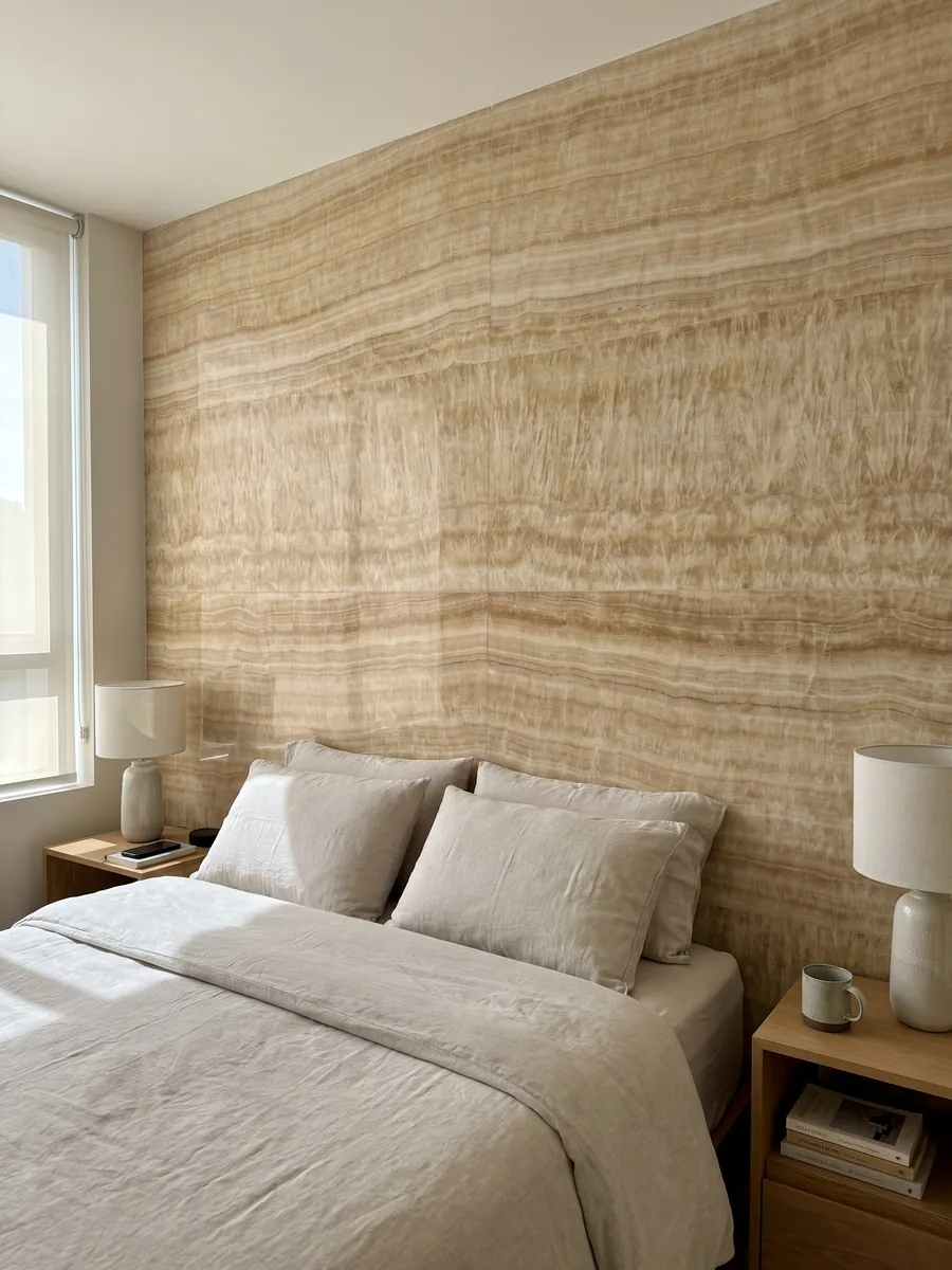 Bedroom headboard wall clad in honey onyx with nightstands: cream and light honey in soft bands with a vertical fibrous texture