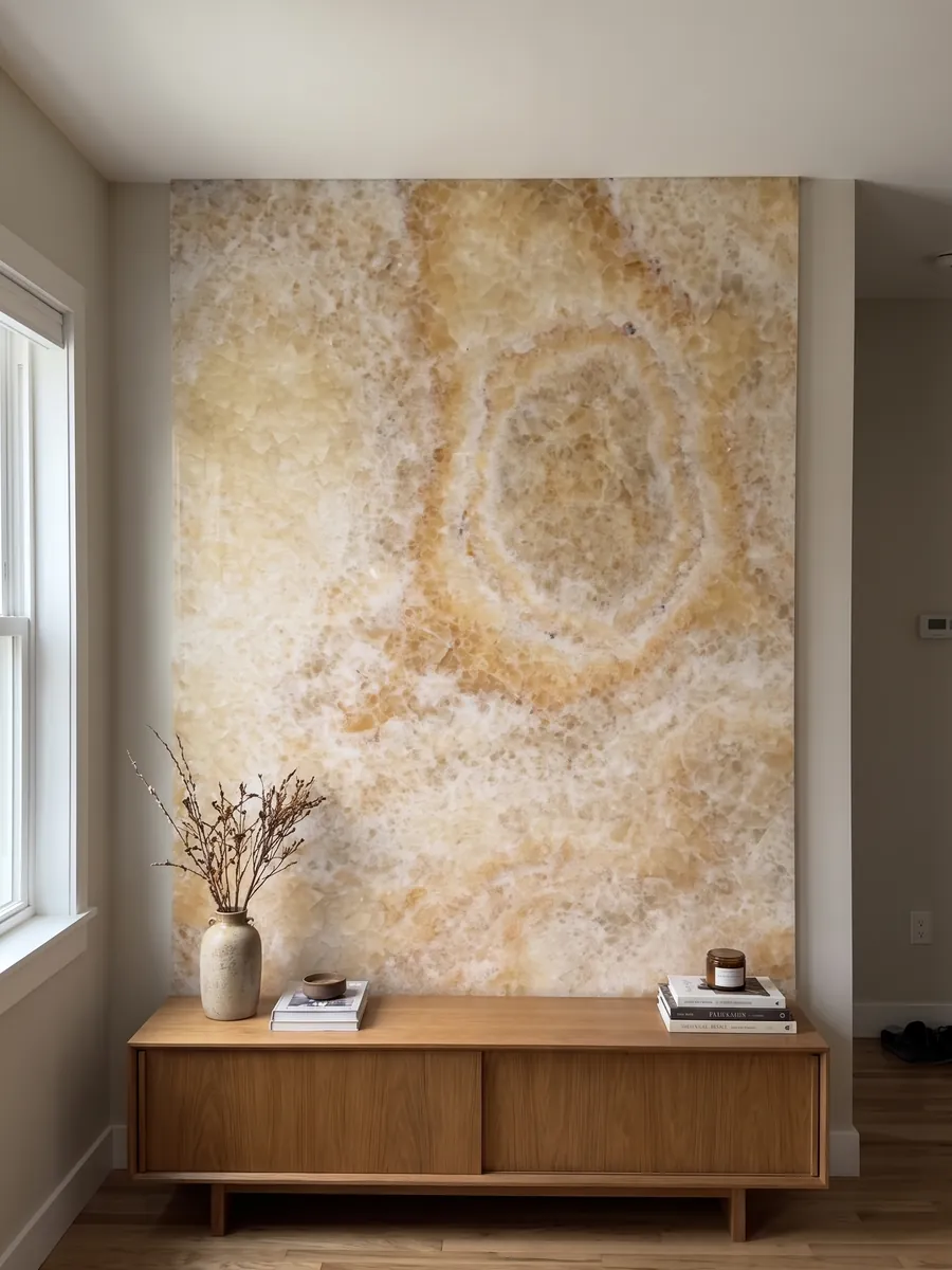 Accent wall clad in yellow onyx above a low wooden cabinet: honey and cream with a clearly visible concentric oval ring