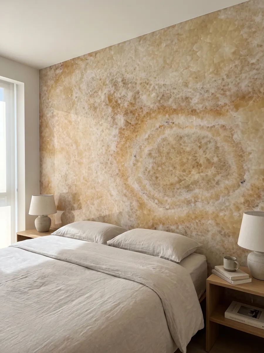 Bedroom headboard wall clad in yellow onyx with nightstands: honey and cream with a clearly visible concentric oval ring