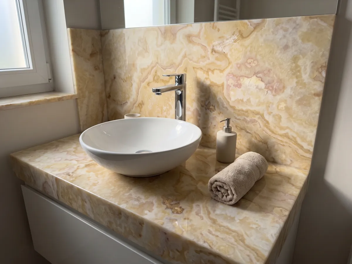 Vanity top and bathroom wall in beige Cappuccino onyx with a white sink and chrome fixtures: cream with winding honey-colored clouds and pink touches