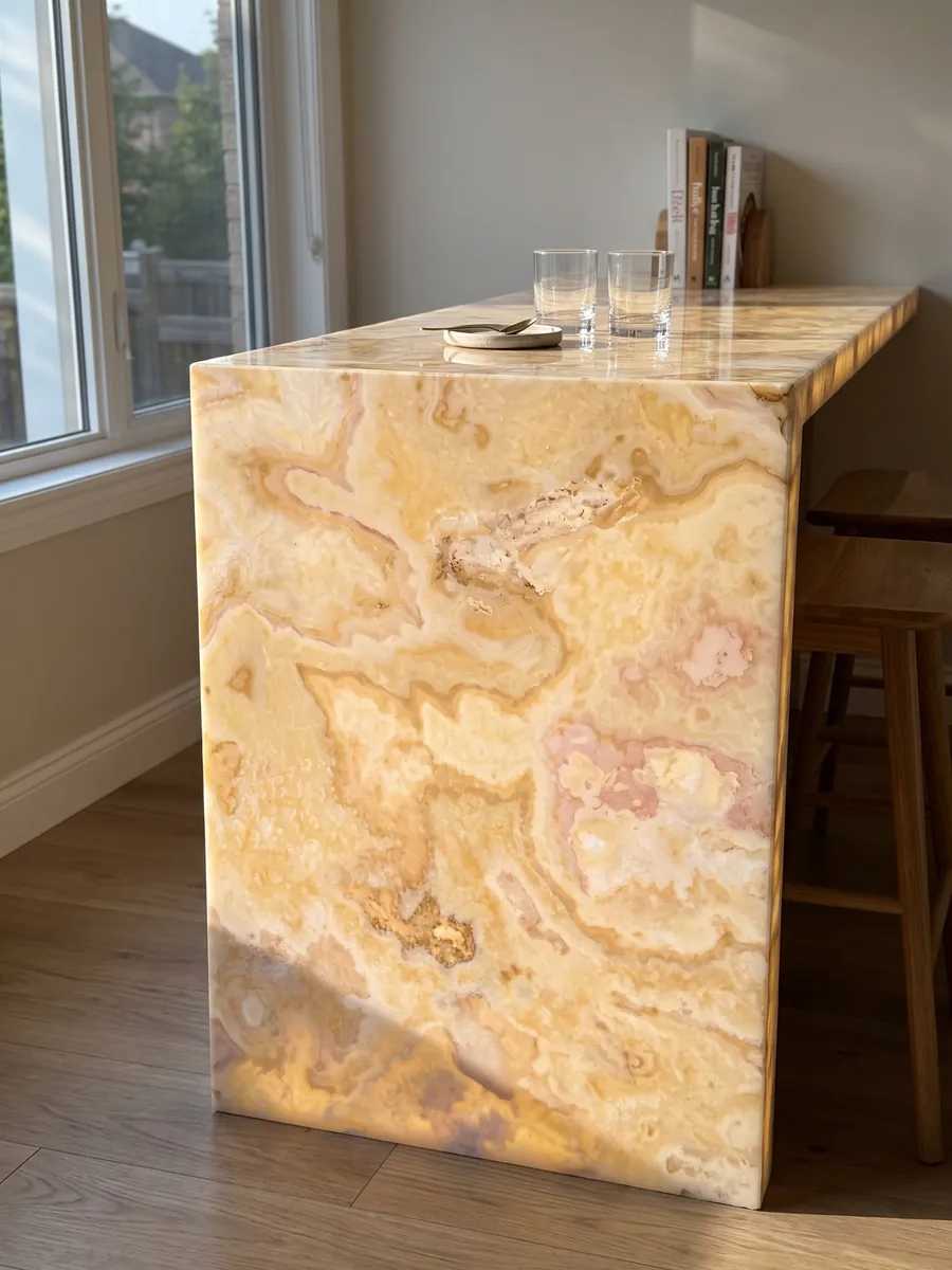 Bar with a backlit beige Cappuccino onyx front, the light passing through the stone: cream with winding honey-colored clouds and pink touches