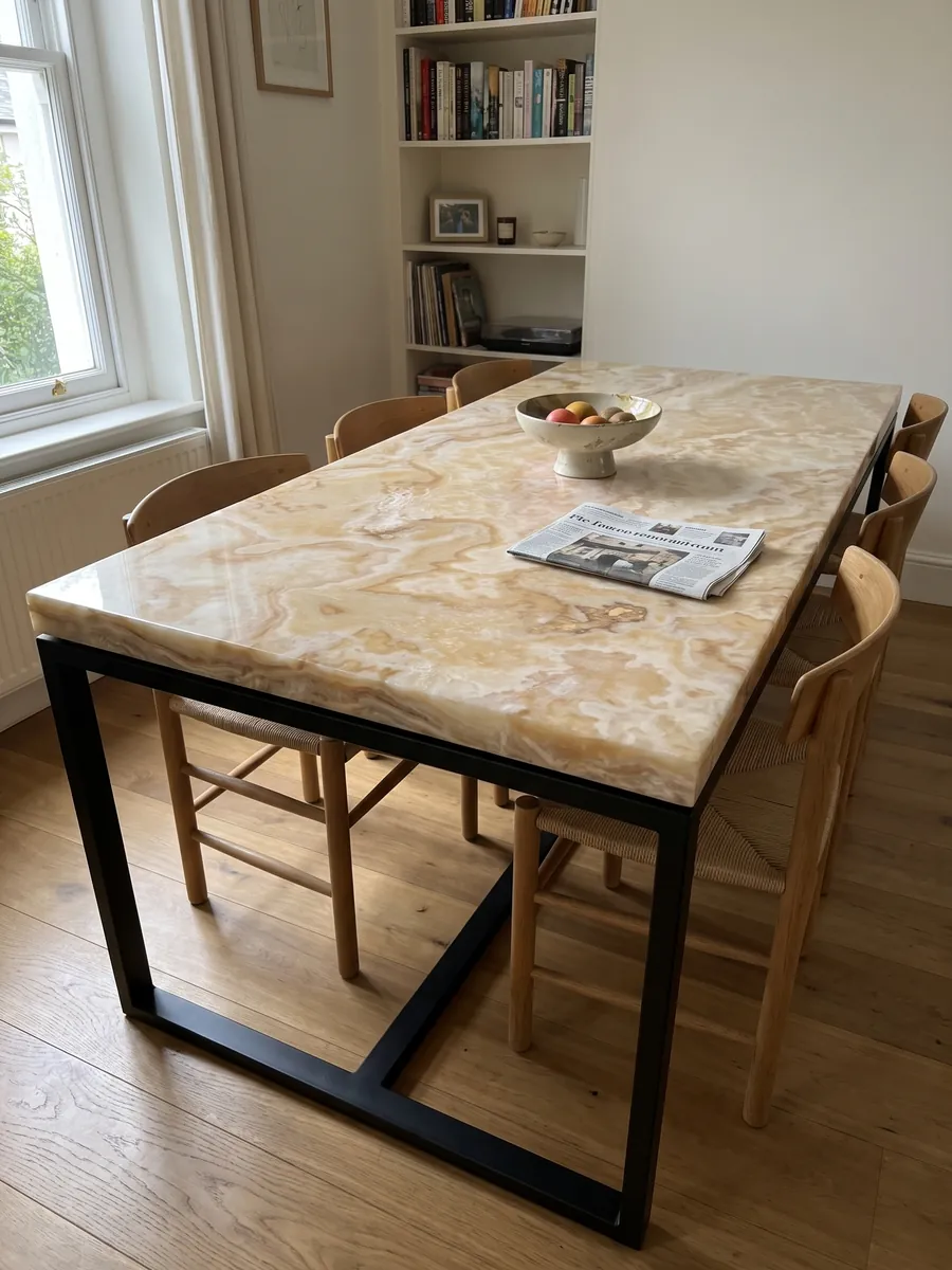 Dining table with a beige Cappuccino onyx top on a steel base: cream with winding honey-colored clouds and pink touches