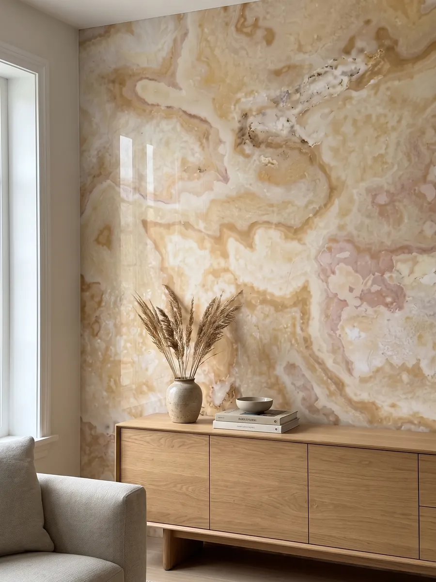 Accent wall clad in beige Cappuccino onyx above a low wood cabinet: cream with winding honey-colored clouds and pink touches