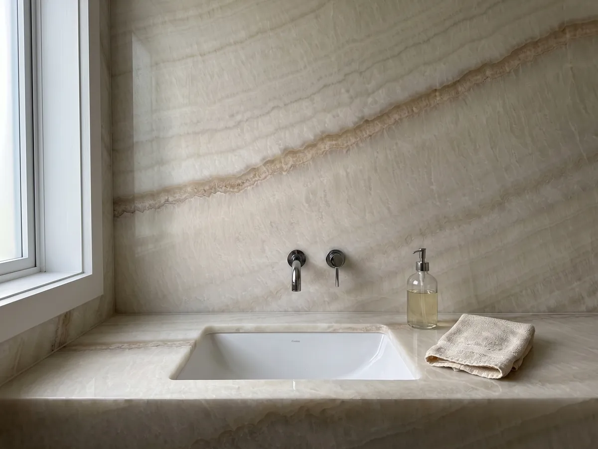 Vanity top and bathroom wall in beige Ivory onyx with a white sink and chrome faucets: soft ivory with faint waves and a fine diagonal honey line