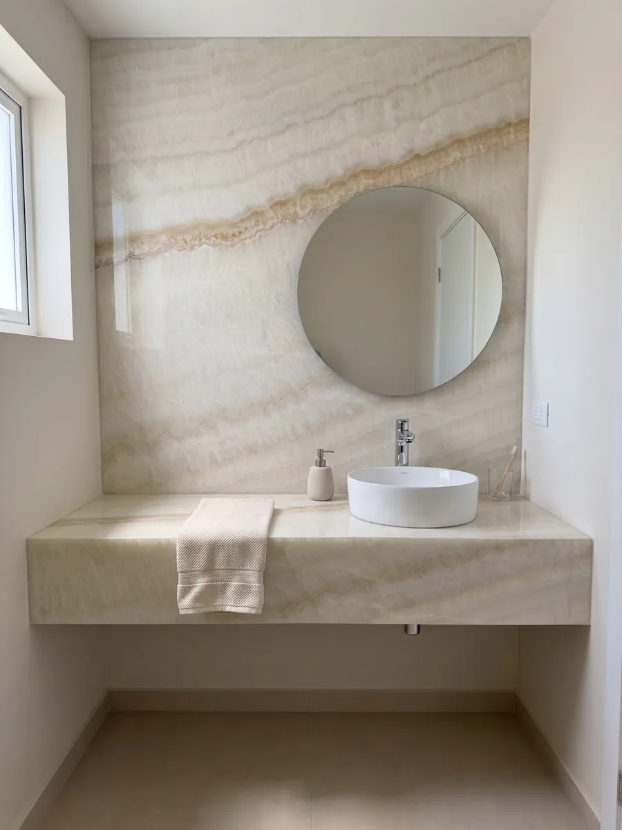 Guest bathroom with a wall and floating vanity top in beige Ivory onyx plus a round mirror: soft ivory with faint waves and a fine diagonal honey line