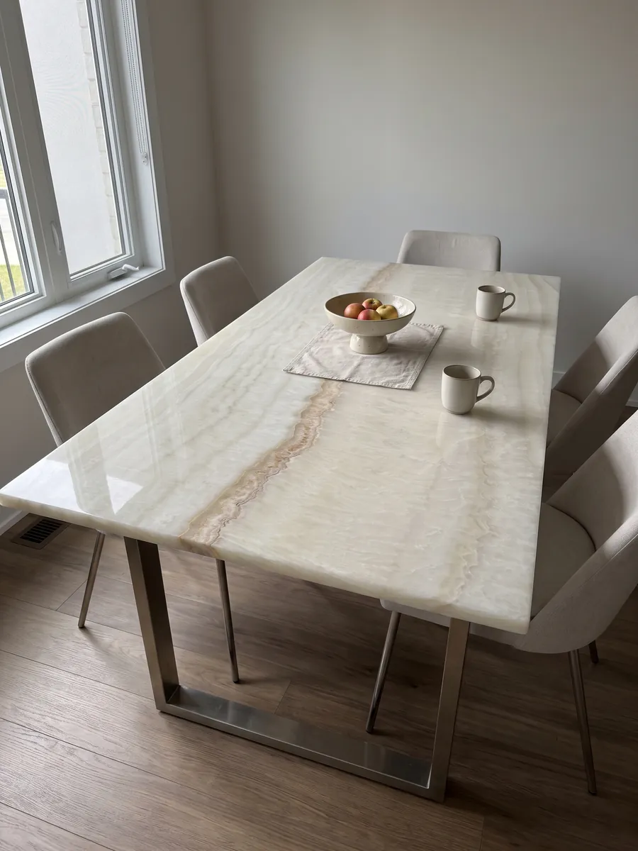 Dining table with a beige Ivory onyx top on a steel base: soft ivory with faint waves and a fine diagonal honey line