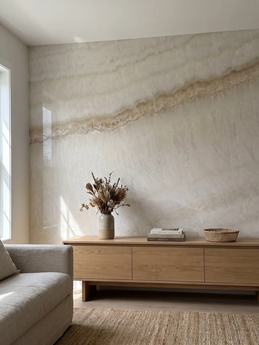 Accent wall clad in beige Ivory onyx above a low wooden cabinet: soft ivory with faint waves and a fine diagonal honey line