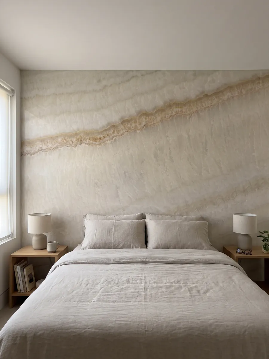 Bedroom headboard wall clad in beige Ivory onyx with nightstands: soft ivory with faint waves and a fine diagonal honey line