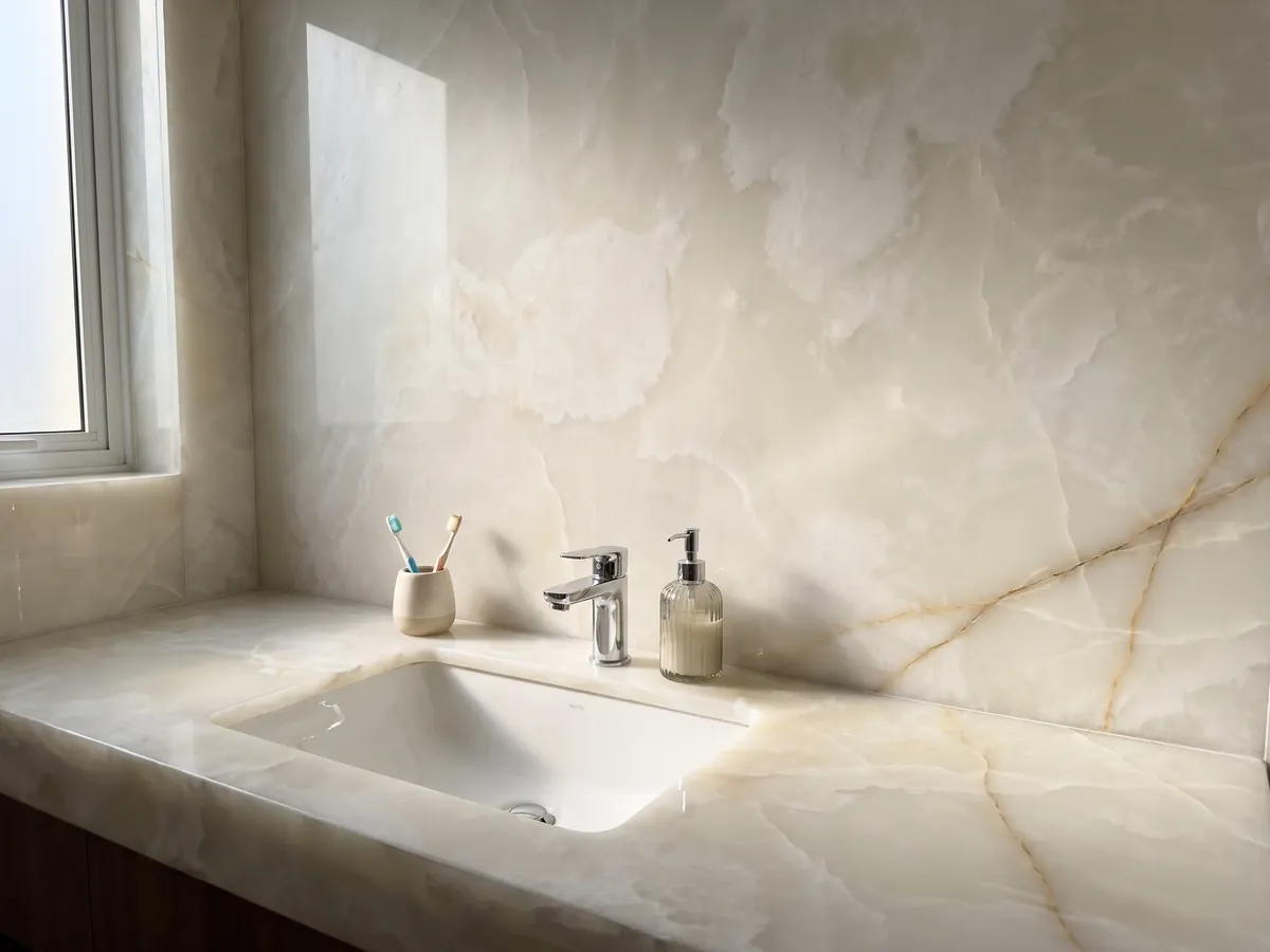 Vanity top and bathroom wall in white onyx with a white sink and chrome fixtures: translucent creamy white with soft clouds and very fine gold lines