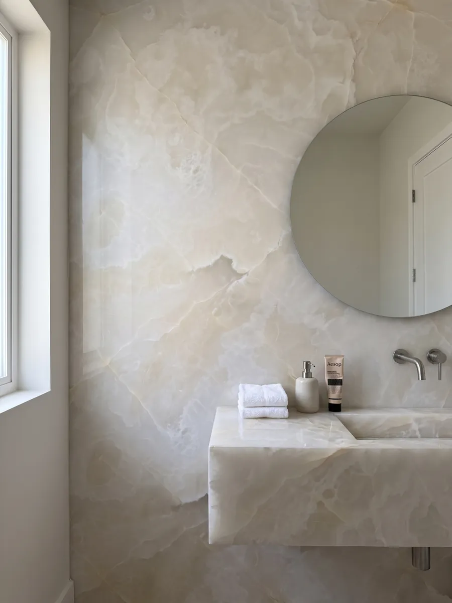Powder room with a white onyx wall and floating vanity under a round mirror: translucent creamy white with soft clouds and very fine gold lines