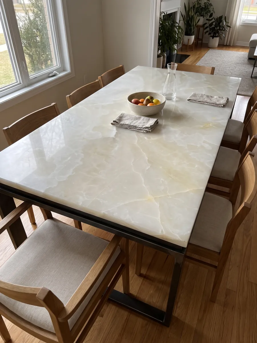 Dining table with a white onyx top on a steel base: translucent creamy white with soft clouds and very fine gold lines