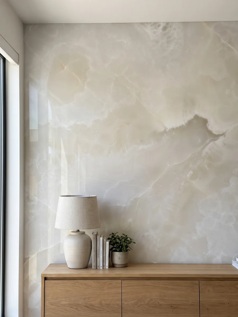 Accent wall clad in white onyx above a low wooden cabinet: translucent creamy white with soft clouds and very fine gold lines