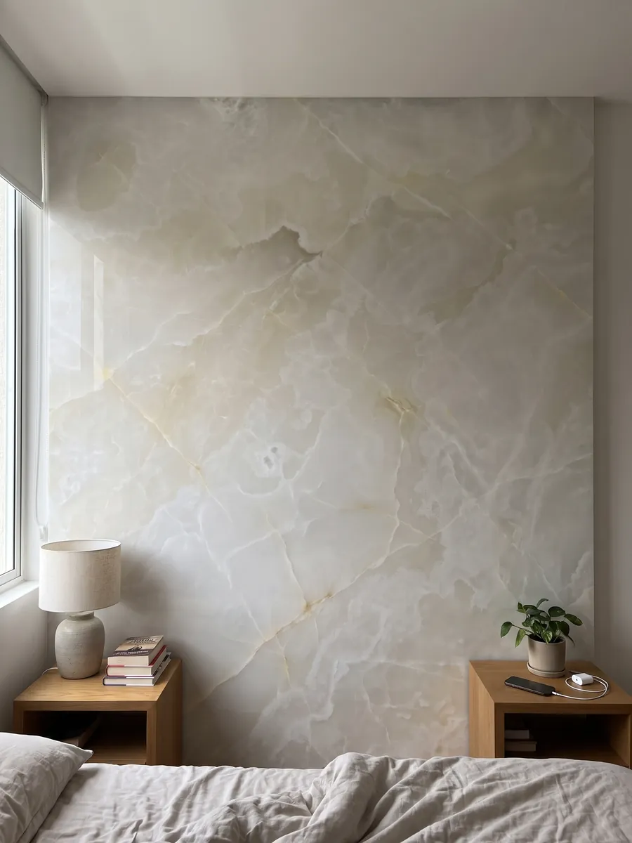 Bedroom headboard wall clad in white onyx with nightstands: translucent creamy white with soft clouds and very fine gold lines
