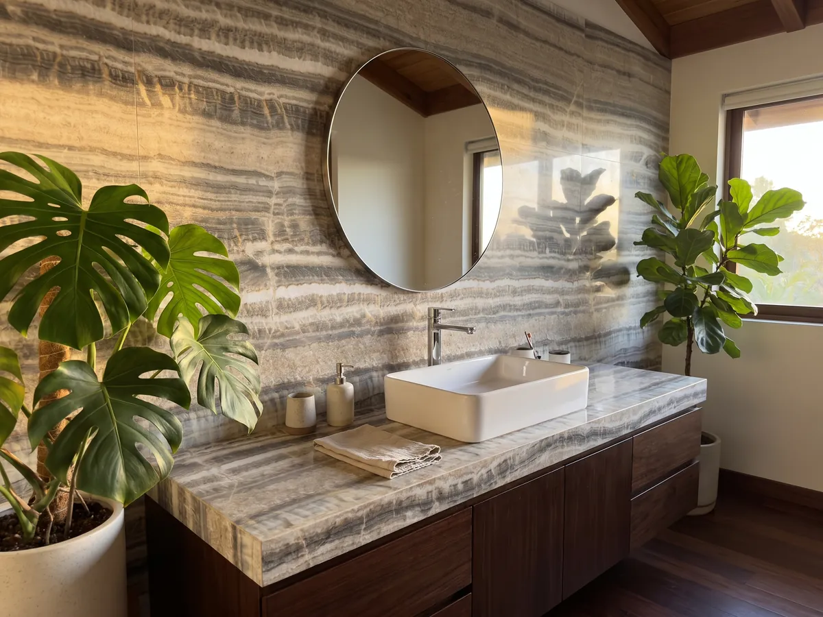 Vanity top and bathroom wall in Velluto gray onyx with a white sink and chrome faucets: horizontal gray, white and beige bands with a wavy edge