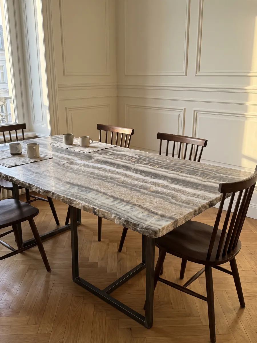 Dining table with a Velluto gray onyx top on a steel base: horizontal gray, white and beige bands with a wavy edge