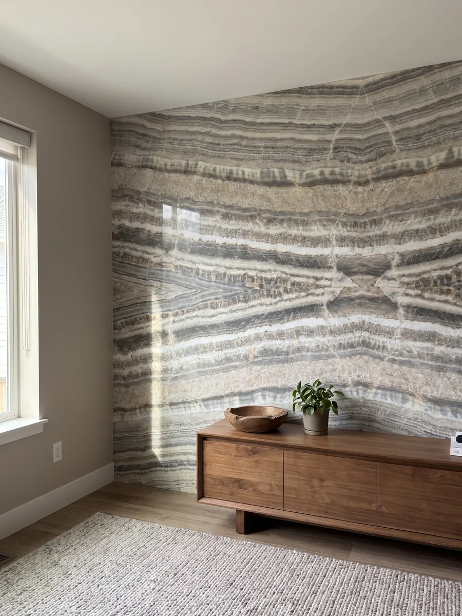 Accent wall clad in Velluto gray onyx above a low wooden cabinet: horizontal gray, white and beige bands with a wavy edge