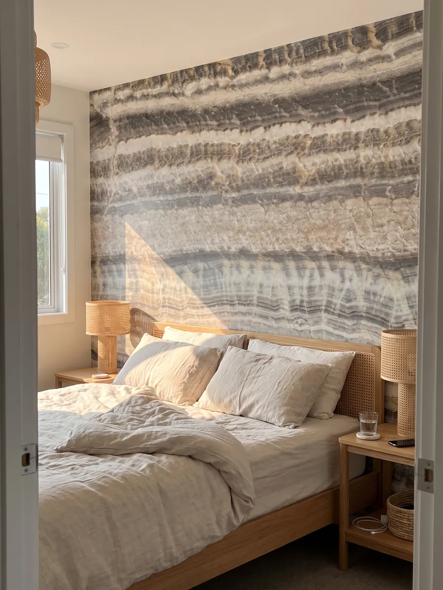 Bedroom headboard wall clad in Velluto gray onyx with nightstands: horizontal gray, white and beige bands with a wavy edge